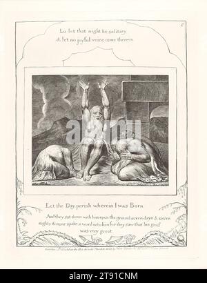 Lass den Tag sterben, an dem ich geboren wurde, 1825, William Blake, Brite, 1757–1827, 1/2 x 5/8 Zoll (21,59 x 16,83 cm) (Blatt), Gravur, England, 19. Jahrhundert, die sieben Tage stiller Trauer sind nun vorbei und ein neuer Zyklus beginnt. Jetzt reagiert Hiob auf seine Leiden. Seine sprichwörtliche Geduld ist beendet; er hört auf, passiv sein Unglück zu ertragen. Sein Zorn taucht in einem Wendepunkt der Revolution auf. Er sitzt nicht mehr unter dem Steinkreuz, es ist für immer weg. Jetzt hinterfragt er seine Situation und die Gerechtigkeit seiner Katastrophen, und durch diese Befragung findet er schließlich den wahren Gott. Stockfoto