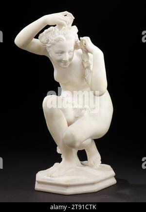 Flora knieling, ca. 1871, Jean-Baptiste Carpeaux, Französisch, 1827-1875, 1/8 x 9 1/2 x 12 Zoll (48,58 x 24,13 x 30,48 cm), Marmor, Frankreich, 19. Jahrhundert, während der Mitte und Ende des 19. Jahrhunderts wurden Bildhauer wie Carpeaux von klassischen Gegenständen, Kompositionen und Stilen inspiriert. Carpeaux entlehnte sich die Pose der Figur der Flora, der römischen Göttin der Blumen, von einer bekannten antiken Statue, der Crouching Venus. Das animierte Gesicht des jungen Mädchens wurde aus einer Büste kopiert, die Carpeaux von Anna Foucart, der Tochter eines Jugendfreundes des Künstlers, hingerichtet hat Stockfoto