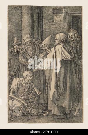 St. Peter und St. John Healing Cripple at Temple of Temple, 1513, Albrecht Dürer, 1471–1528, 5/8 x 15/16 Zoll (11,75 x 7,46 cm) (Bild), Gravur, Deutschland, 16. Jahrhundert, diese letzte Szene der „gravierten Passion“ wurde von den meisten erhaltenen alten Kopien ausgelassen. Da dieses Thema nicht in den Rahmen einer Passionsreihe fällt, kann Dürer es nicht als Abschlussblatt geplant haben, sondern muss geplant haben, weitere Themen hinzuzufügen, die nie abgeschlossen wurden. Es zeigt eine Episode des Neuen Testaments in der Apostelgeschichte (3:1-10), in der Petrus und Johannes einen Krüppel heilen, der draußen bettelt Stockfoto