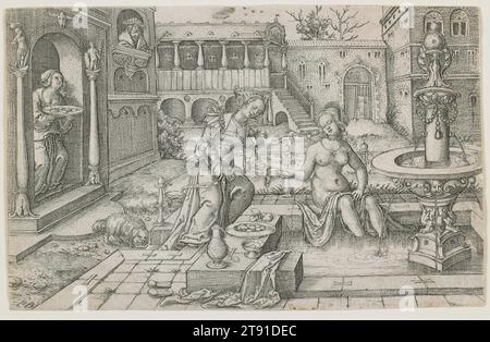 Bathseba, 16. Jahrhundert, Jacob Binck, deutsch, um 1500-1569, 4 x 6 1/4 Zoll (10,16 x 15,88 cm) (Bild), Gravur, Deutschland, 16. Jahrhundert, Bathseba badete eines heißen Tages, als König David sie von seinem Balkon aus sah. Er beugte sich der Versuchung und „lag bei ihr“ (2. Samuel 11:4). Sie wurde dafür verantwortlich gemacht, dass sie David nicht ablehnte und die Macht der Sünde entfesselte: Bathseba wurde schwanger, David ließ ihren Mann ermorden und das Baby starb als Gottes Strafe. Hier erinnern die kleinen, dunklen Öffnungen in der Architektur an so viele Augen, wie sie verzaubert sind Stockfoto