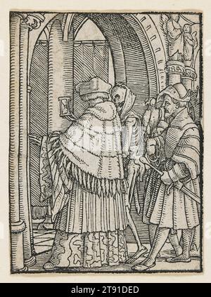 Der Kanon aus dem Tanz des Todes (Lyon), 1538, 1523-1526, Hans Holbein der Jüngere, 1497–1543, 2 9/16 x 1 7/8 cm. (6,51 x 4,76 cm) (Bild), Holzschnitt, Deutschland, 16. Jahrhundert, Hans Holbeins Tod-Tanz ist die bekannteste Behandlung des Themas in der Renaissance-Kunst. Seine Serie von 50 Miniatur-Holzschnitten zeigt die Affinität des Todes zu allen Stationen im Leben, königliche und religiöse Beamte nicht ausgenommen. Holbeins hochanimierte Bilder blieben 15 Jahre lang unveröffentlicht. Vielleicht wurden sie in den 1520er Jahren, einer Zeit des Klassenkrieges, als zu hitzig angesehen Stockfoto