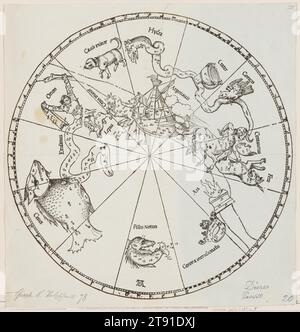 The Southern Hemisphere of the Celestial Globe, 1515 (wahrscheinlich gedruckt im 17. Jahrhundert), Albrecht Dürer, 1471–1528, 15 1/8 x 14 1/2 cm. (38,42 x 36,83 cm) (Blatt), Holzschnitt, Deutschland, 16. Jahrhundert, der Südhimmel war bis ins 16. Und 17. Jahrhundert weitgehend unerforscht, als italienische und niederländische Entdecker begannen, die südlichen Meere zu segeln. Dieser Holzschnitt, der am Vorabend dieses Zeitalters der Erkundung veröffentlicht wurde, dokumentiert den grundlegenden Wissensstand von 1515, der eher erspart war. Der unbekannte Himmel stellte eine große Herausforderung für die Navigatoren dar, da sie genaue Sternenkarten benötigten, um ihre Längengrade zu bestimmen Stockfoto