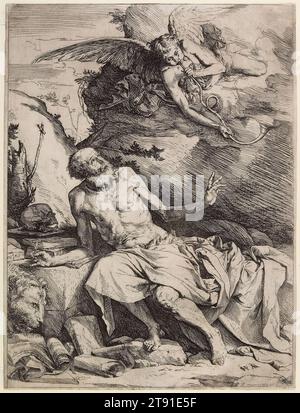 St. Jerome hört die Posaune des letzten Gerichts, um 1621, Jusepe (Giuseppe) de Ribera, Spanisch (aktiv in Italien), 1591-1652, 12 1/8 x 9 1/8 in. (30,8 x 23,18 cm) (Bild)12 1/4 x 9 5/8 Zoll (31,12 x 24,45 cm) (Blatt), Ätzen und Gravieren, Italien, 17. Jahrhundert, die Explosion einer Engelstrompete erschreckt den alten Gelehrten. Jeromes eigene Schriften beschreiben den Ton als Zeichen des letzten Gerichts. Jusepe de Ribera nutzte das barocke Repertoire voll und ganz, um den erhöhten Zustand des heiligen zu vermitteln, der sich in Jeromes unausgewogenem Schwung und theatralischer Armgeste und in der verkürzten Form des Engels zeigte Stockfoto