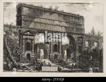 Arch of Vespasian, 1775, Giovanni Battista Piranesi, Italienisch (Rom), Italienisch, 1720–1778, 19 1/4 x 27 7/8 Zoll (48,9 x 70,8 cm) (Platte)21 3/8 x 30 1/4 Zoll (54,29 x 76,84 cm) (Blatt), Ätzen und Gravieren, Italien, 18. Jahrhundert, sogar die Alten recycelten ihre Architektur. Die Porta Maggiore wurde ursprünglich als ein dekoriertes Segment aus zwei Aquädukten (Strukturen zur Wasserleitung) erbaut, die 52 n. Chr. gebaut wurden. Die Aquädukte brachten den Römern frisches Wasser aus kilometerweit entfernten Quellen. Der Verlust benachbarter Steinbauabschnitte hat zwei Öffnungen auf der linken Seite des oberen Abschnitts ergeben, die zeigen, wo Wasser ist Stockfoto