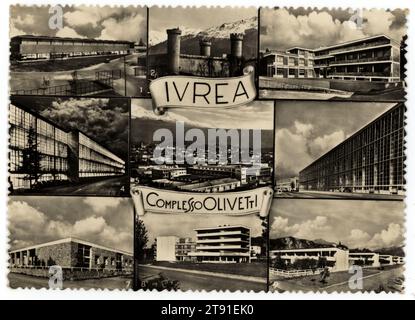 1955 CA , Ivrea , Turin , ITALIEN : Postkarte mit den Gebäuden der OLIVETTI Corporation Fabrik in IVREA ( Turin ): 1) die Fabrik von San Bernardo , 3) Palazzo Studi e Ricerche - Studien- und Forschungsgebäude 4) die Fabrik Olivetti bei Nacht 6) die Factori Front Nord 7) KINDERGARTEN für die Kinder der Angestellten 8) Häuser der Fabrikangestellten . Der italienische Unternehmer und Ingenieur CAMILLO OLIVETTI ( 1868–1943 ) war der Gründer von Olivetti & Co., Schreibmaschinen , Taschenrechner und Computer indus?Trial Magnate . Nach ihm wurde die Arbeit mit seinem Sohn ADRIANO OLIVETTI ( 1901–1960 ) fortgesetzt. Unbekannter Fotograf Stockfoto