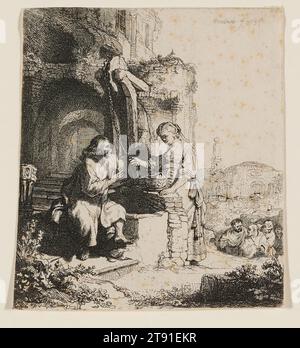 Christus und die Frau von Samaria: Unter Ruinen, 1634 Rembrandt Harmensz. Van Rijn, Niederländisch, 1606–1669, 4 3/4 x 4 3/16 Zoll (12 x 10,7 cm) (Blatt, Boden), Ätzen und Trockenspitzen, Niederlande, 17. Jahrhundert Stockfoto