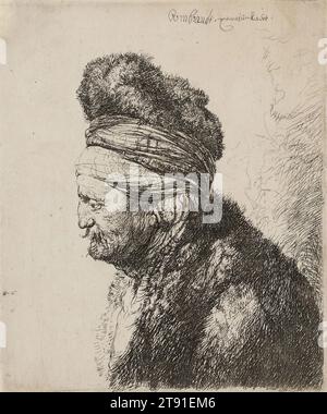 Der zweite Orientalische Kopf, um 1635, Rembrandt Harmensz. Van Rijn; Künstler: Nach Jan Lievens, Niederländisch, 1606–1669, 5 7/8 x 15/16 cm (15 x 12,5 cm) (Platte), Ätzen, Niederlande, 17. Jahrhundert, obwohl Rembrandt heute ein Festzelt ist, war er nicht immer eine große Sache. In seinen frühen Tagen musste er einen etwas jüngeren Künstler, ebenfalls aus seiner Heimatstadt Leiden, namens Jan Lievens, aufholen. Schließlich entwickelten sie eine freundliche Rivalität, die jeden Künstler dazu brachte, besser zu sein. So hat Lievens Anfang der 1630er Jahre eine Reihe imaginärer Porträts geätzt. Stockfoto