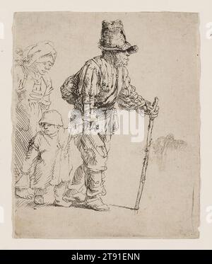 Bauernfamilie auf dem Tramp, um 1652, Rembrandt Harmensz. Van Rijn, Niederländisch, 1606–1669, 4 7/16 x 3 5/8 Zoll (11,2 x 9,2 cm) (Platte), Ätzen, Niederlande, 17. Jahrhundert, Ein Mythos über Rembrandt besagt, dass er so viele Bettler – insgesamt mehr als dreißig Ätzungen – geätzt hat, weil er sich von der Gesellschaft selbst entfremdet fühlte. Es ist wahr, dass er sich einst als Bettler darstellte, aber er fühlte sich mehr von den ausdrucksstarken Gesichtern, zerrissener Kleidung und zerknittertem Gang dieser „niedrigen“ Motive angezogen. Für die Zeit ungewöhnlich, gab Rembrandt seinen Bettlern echte Emotionen und individualisierte Gesichter Stockfoto