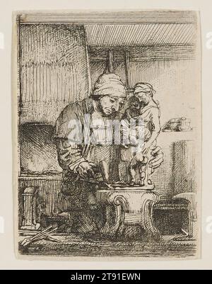 Der Goldschmied, 1655, Rembrandt Harmensz. Van Rijn, Niederländisch, 1606–1669, 3 1/16 x 2 1/4 Zoll (7,7 x 5,7 cm) (Platte), Etching, Niederlande, 17. Jahrhundert, Forschung zeigt, dass kein Metallschmied zu Rembrandts Zeiten eine Goldstatue so groß wie die hier abgebildete gemacht hätte, aber das ist nicht der Punkt dieses privaten kleinen Drucks. Das Bild, das der smith so liebevoll in die Wiege gelegt hat, ist Charity, verkörpert von einer Mutter, die ihre Kinder schützend umarmen will. Rembrandts Publikum hätte sofort auf dieses Symbol reagiert Stockfoto