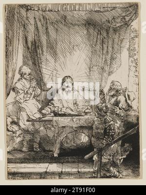 Christus bei Emmaus: Die größere Platte, 1654, Rembrandt Harmensz. Van Rijn, Niederländisch, 1606–1669, 8 1/4 x 6 1/4 Zoll (20,9 x 15,9 cm) (Platte), Ätzen und Trockenpunkt, Niederlande, 17. Jahrhundert, Rembrandt verwendete die Weißheit seines Papiers radikal, Inhalt, Form mit einer oder zwei einfachen Linien vorzuschlagen und das leere Papier den Rest erledigen zu lassen. Hier soll die Skizziertheit des Gesichts Christi auf göttliche Offenbarung hinweisen. Nachdem er von den Toten auferstanden war, erschien Christus neben zwei Jüngern, die nach Emmaus flogen. Sie erkannten ihn nicht, luden ihn aber zum Abendessen ein. Stockfoto