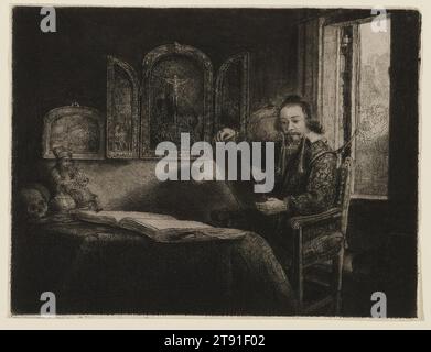 Abraham Francen, 1657, Rembrandt Harmensz. Van Rijn, Niederländisch, 1606–1669, 6 3/16 x 8 3/16 Zoll (15,72 x 20,8 cm) (Platte), Ätzen und Trockenpunkt, Niederlande, 17. Jahrhundert, nach einer Schätzung, 1,5 Prozent der niederländischen Bevölkerung – etwa 30.000 Menschen – hatten im 17. Jahrhundert Porträts gemacht. Diese Nummer beinhaltete einen Apotheker namens Abraham Francen. Dieser detailreiche Druck spiegelt Rembrandts Zuneigung zu seinem lieben Freund wider, der in dem bescheidenen Viertel lebte, in dem Rembrandt 1658 nach seiner Insolvenz zog. Francen half dem Künstler bei seinen finanziellen Problemen Stockfoto