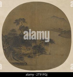 Riverside Retreat, ca. 1250, Xia Sen, Chinesisch, aktiv 13. Jahrhundert, 13/16 x 10 Zoll (24,92 x 25,4 cm) (Bild), Tinte und Farbe auf Seide, China, 13. Jahrhundert, dieses Fächergemälde ist signiert Xia Sen auf der irdenen Bank direkt unterhalb und rechts von den Wurzeln des großen Baumes, der sich vom linken Bildrand erstreckt. Xia Sen wurde als Sohn des berühmten Akademiemalers Xia GUI (ca. Anfang der 1200er Jahre) geboren und setzte den innovativen Stil seines Vaters fort. Der intime, fokussierte Blick auf die Natur, klar gerenderte Motive, die niedrige Perspektive und die Beschwörung eines kohärenten Raumes sind alle Merkmale des Gemäldes Stockfoto