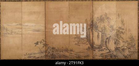 Frühling und Sommer rechts von zwei Landschaften der vier Jahreszeiten, Mitte des 16. Jahrhunderts, Kano-Schule, Japanisch, 67 5/8 x 150 cm (171,77 x 381 cm), Tinte, helle Farbe und Gold auf Papier, Japan, 16. Jahrhundert, in den 1500er Jahren waren japanische Maler versiert, Landschaften zu schaffen, die auf den imaginierten Bergen und Flüssen Chinas basieren. Sie basierten auf Prototypen berühmter Maler aus der chinesischen Antike, darunter Ma Yuan (ca. 1160/65–1225) und Xia GUI (ca. 1195–1230). Stilistisch jedoch der japanische Ansatz – insbesondere der der Künstler, die mit dem Kano-Haus in Verbindung gebracht wurden Stockfoto
