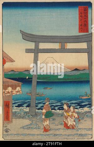 Eintritt in Enoshima in der Provinz Sagami, 1858, 4. Monat, Utagawa Hiroshige; Herausgeber: Tsutaya Kichizō, Japanisch, 1797 - 1858, 13 1/4 x 8 11/16 Zoll (33,6 x 22,1 cm) (Bild, vertikal ōban), Holzblock-Druck (nishiki-e); Tinte und Farbe auf Papier, Japan, 19. Jahrhundert Stockfoto