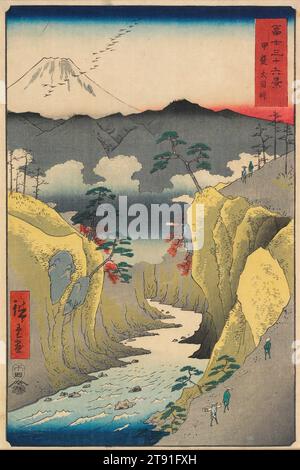 Inume Pass in der Provinz Kai, 1858, 4. Monat, Utagawa Hiroshige; Herausgeber: Tsutaya Kichizō, Japanisch, 1797 - 1858, 13 1/4 x 8 3/4 Zoll (33,6 x 22,2 cm) (Bild, vertikal ōban), Holzblock-Druck (nishiki-e); Tinte und Farbe auf Papier, Japan, 19. Jahrhundert Stockfoto