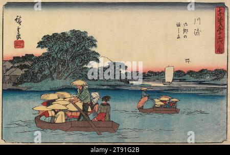 Fähre in Rokugō, Kawasaki, 1841-1842, Utagawa Hiroshige, Japanisch, 1797 - 1858, 7 13/16 x 12 7/16 Zoll (19,8 x 31,6 cm) (Bild)8 1/2 x 13 Zoll (21,6 x 33 cm) (Blatt), Holzschnitt (nishiki-e); Tinte und Farbe auf Papier, Japan, 19. Jahrhundert Stockfoto