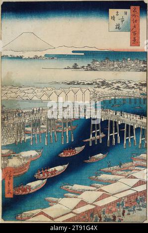 Nihonbashi, Clearing After Snow, 1856, 5. Monat, Utagawa Hiroshige; Herausgeber: Sakanaya Eikichi, Japanisch, 1797 - 1858, 13 3/16 x 8 3/4 cm (33,5 x 22,2 cm) (Bild)14 x 9 1/2 Zoll (35,6 x 24,1 cm) (Blatt, vertikal ōban), Holzschnitt (nishiki-e); Tinte und Farbe auf Papier, Japan, 19. Jahrhundert Stockfoto