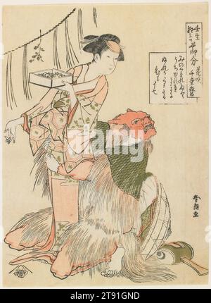 Der Tag vor dem Frühlingsanfang, ca. 1790, Katsushika Hokusai; Verlag: Tsutaya Jūzaburō, Japanisch, 1760 - 1849, 8 3/8 x 6 Zoll (21,2 x 15,3 cm) (Bild, Blatt, vertikales chūban), Holzblock-Druck (nishiki-e); Tinte und Farbe auf Papier, Japan, 18. Jahrhundert, für diesen Druck wurde Hokusai von einem Stück inspiriert, das ein populäres Ritual auf Setsubun, dem Vorabend des ersten Frühlingstages im alten Mondkalender, dramatisiert. An diesem Tag streuen die Menschen in Japan getrocknete Bohnen in ihren Häusern, um Unglück zu vertreiben. In dem Stück verkörpert ein Dämon einen bösen Geist, der in das Haus einer Witwe gekommen ist Stockfoto