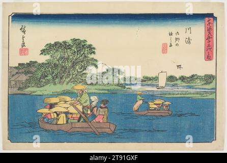 Fähre in Rokugō, Kawasaki, 1841-1842, Utagawa Hiroshige; Herausgeber: Ezakiya Kichibei; Herausgeber: Ezakiya Tatsuzō, Japanisch, 1797 - 1858, 7 7/8 x 12 11/16 Zoll (20 x 32,2 cm) (Bild), Holzblock-Druck (nishiki-e); Tinte und Farbe auf Papier, Japan, 19. Jahrhundert Stockfoto