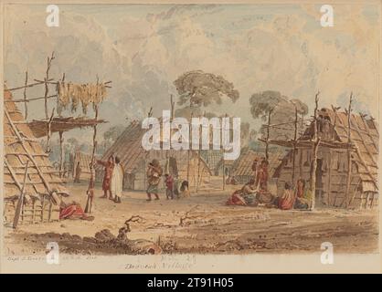 Dacotah Village, 1849–1855, Seth Eastman, Amerikanisch, 1808–1875 6 x 9 Zoll (15,24 x 22,86 cm) (Bild)9 13/16 x 12 13/16 Zoll (24,92 x 32,54 cm) (Blatt), Watercolor, USA, 19. Jahrhundert, der Baubedarf für diese Ulmenrindenhütten stammte aus dem Minnesota River Valley. Die Veranden ließen etwas Schatten und oben war es ein praktischer Ort, um Tierhäute zu trocknen. Einstellungen wie diese haben Captain Eastman wahrscheinlich überzeugt, dass er mehr Erdtöne brauchte. Eine Quittung für Farben, die aus New York bestellt wurde, vom 11. April 1842, enthält Röhren von 'gelbem Ocker, Raw Sienna, Burnt Sienna, Raw umber Stockfoto