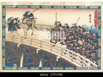 The Night Attack, Part 4 sic; tatsächlich 5: The Retreat Across Ryōgoku Bridge, ca. 1835–1839, Utagawa Hiroshige; Herausgeber: Izumiya Ichibei, Japanisch, 1797 - 1858, 9 1/8 x 13 15/16 Zoll (23,1 x 35,4 cm) (Bild, horizontal ōban), Holzblock-Druck (nishiki-e); Tinte und Farbe auf Papier, Japan, 19. Jahrhundert Stockfoto