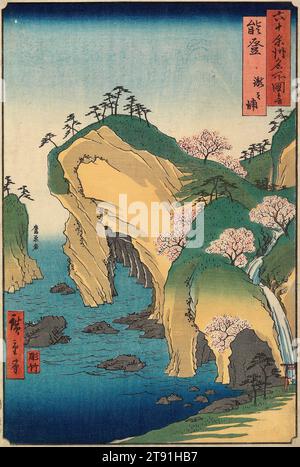 Takinoura Beach, Provinz Noto, 1853, 9. Monat, Utagawa Hiroshige; Herausgeber: Koshimuraya Heisuke, Japanisch, 1797 - 1858, 13 9/16 x 9 Zoll (34,5 x 22,8 cm) (Bild, vertikal ōban), Holzblock-Druck (nishiki-e); Tinte und Farbe auf Papier, Japan, 19. Jahrhundert, an der Spitze der Noto-Halbinsel, die sich von der Küste der Präfektur Ishikawa in Zentraljapan nordwärts in das Japanische Meer erstreckt; Takinoura Beach ist seit langem für seinen wunderbaren Blick auf eine Reihe von überhängenden Klippen und hohen Felsen bekannt. Die Höhlen wurden von mächtigen Meereswellen gebildet. Stockfoto