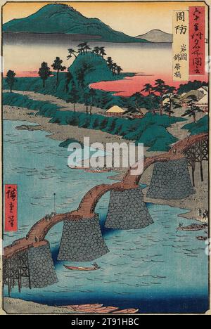 Kintai-Brücke in Iwakuni, Provinz Suō, 1853, 12. Monat, Utagawa Hiroshige; Herausgeber: Koshimuraya Heisuke, Japanisch, 1797 - 1858, 13 7/16 x 3/4 cm (34,2 x 22,2 cm) (Bild, vertikal ōban), Holzblock-Druck (nishiki-e); Tinte und Farbe auf Papier, Japan, 19. Jahrhundert Stockfoto