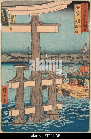 Szene am Itsukushima-Schrein, Provinz Aki, 1853, Utagawa Hiroshige; Herausgeber: Koshimuraya Heisuke, Japanisch, 1797 - 1858, 13 1/4 x 8 11/16 Zoll (33,7 x 22,1 cm) (Bild, vertikal ōban), Holzblock-Druck (nishiki-e); Tinte und Farbe auf Papier, Japan, 19. Jahrhundert, auf Pfählen über der Bucht von Hiroshima erbaut, ist der Itsukushima-Schrein einer der drei berühmtesten Orte landschaftlicher Schönheit in Japan. Bei Flut scheint der Schrein auf dem Wasser zu schweben. Das jährliche Kangen Festival findet bei Flut am frühen Augustabend statt. Kangen (alte Hofmusik) war ursprünglich eine Ablenkung im Sommer in der Heian-Zeit Stockfoto