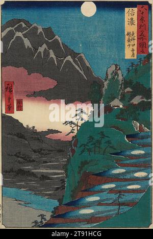 Mond Reflections on Rice Paddys am Fuße des Berges Kyōdai, Provinz Shinano, 1853, 7. Monat, Utagawa Hiroshige; Herausgeber: Koshimuraya Heisuke, Japanisch, 1797 - 1858, 13 9/16 x 3/4 cm (34,4 x 22,3 cm) (Bild, vertikal ōban), Holzblock-Druck (nishiki-e); Tusche und Farbe auf Papier, Japan, 19. Jahrhundert, zwischen 1853 und 1856 entwarf Hiroshige 69 Drucke, die von berühmten Ansichten in jeder der 66 Provinzen der Insel Honshu inspiriert waren (plus zusätzliche Drucke für die Inseln Shikoku und Kyushu und die Stadt Edo). Der Blick auf den Mond, der hinter dem Mt. Kyōdai Stockfoto