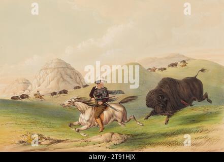 Buffalo Hunt, Chasing Back, 1844, George Catlin, Amerikaner, 1796 - 1872, 12 x 5/8 Zoll (30,48 x 44,77 cm) (Bild, Blatt), handkolorierte Lithografie, USA, 19. Jahrhundert Stockfoto