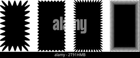 Zick-Zack-Edge-Kollektion mit rechteckigen Formen. Gezackte rechteckige Patches festgelegt. Schwarze grafische Designelemente für Dekoration, Banner, Poster, Vorlage, Aufkleber, Abzeichen, Collage, Etikett. Vektorabbildung Stock Vektor