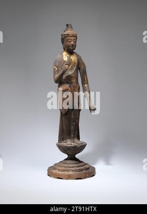 Kannon, der Bodhisattva des Mitgefühls, aus einer Gruppe von 1000 (Kōfukuji sentaibutsu 興福寺千体仏), 12. Jahrhundert, Unbekanntes Japanisch, 18 1/2 x 6 cm. (46,99 x 15,24 x 15,24 cm), lackierte und vergoldete japanische Zypresse, Japan, 12. Jahrhundert, im Buddhismus sind Bodhisattvas hochqualifizierte Praktizierende, die gelobt haben, alle Wesen in der weltlichen Welt zu retten, bevor sie selbst die volle Erleuchtung erreichten. Kannon, der Bodhisattva des grenzenlosen Mitgefühls, ist eine der am weitesten verehrten Gottheiten im buddhistischen pantheon. Stockfoto