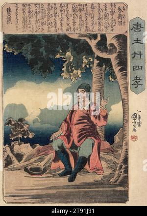 Shu Jushō, ca. 1847, Utagawa Kuniyoshi, Japanisch, 1798 - 1861, 1/8 x 1/4 Zoll (25,7 x 18,4 cm) (Bild, Blatt), Holzblock-Druck (nishiki-e); Tinte und Farbe auf Papier, Japan, 19. Jahrhundert, Kuniyoshi entwarf viele Drucke mit konfuzianischen Paragons. Dieser Druck stammt aus einer Serie mit dem Titel „Twenty-Four Paragons of Filial Frömmigkeit in China“, die Kuniyoshi in den späten 1840er Jahren schuf Er beschäftigte sich mit westlicher Perspektive und Hell-Dunkel, wie sie in europäischen Radierungen des 17. Jahrhunderts zu sehen war. Die rechteckige Kartusche enthält die Geschichte von Shu Jushø (Zhu Shouchang, auf Chinesisch) Stockfoto