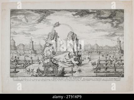 Feuerwerk in Paris zur Geburt des Dauphins am 21. Januar 1730, 1730, Jacques Dumont le Romain; Künstler: Nach Giovanni Niccolo Servandoni, Französisch, 1701 - 1781, 12 1/4 x 19 1/4 Zoll. (31,12 x 48,9 cm) (Platte)15 1/16 x 21 5/8 Zoll (38,26 x 54,93 cm) (Blatt)23 3/4 x 29 3/4 x 1 1/8 Zoll (60,33 x 75,57 x 2,86 cm) (Außenrahmen), Etching, Frankreich, 18. Jahrhundert, mit der französischen Herrschaft, die auf dynastische Nachfolge beruhte, war die Geburt des Dauphin, des männlichen Thronfolgers, Anlass zur Feier. Die Königin Ludwigs XV., Marie Leszczinska, hatte drei Töchter geboren, bevor sie einen Sohn bekam Stockfoto