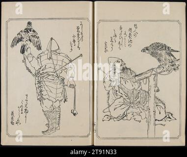 An Illustrated Mirror of Falknerry, Band 1, pt. 2, ca. 1863-1868, Kawanabe Kyōsai; Verlag: Suharaya Sasuke, Japanisch, 1831 - 1889, 9 x 1/4 Zoll (22,86 x 15,88 cm) (chūbon), Holzblock-gedrucktes Buch; Tinte auf Papier mit Glimmer, Japan, 19. Jahrhundert Stockfoto