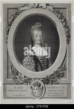 Marie Antoinette, 1775, Louis-Jacques Cathelin; Künstler: After Jean Martial Frédou, Französisch, 1739-1804, 16 1/4 x 11 3/8 Zoll. (41,28 x 28,89 cm) (Platte), Gravur, Frankreich, 18. Jahrhundert, dieser Gravur bewahrt ein verlorenes Porträt der jungen zwanzigjährigen Königin und wurde im Jahr nach der Königskrone Ludwig XVI. Ausgestellt. Die junge österreichische Prinzessin, die ursprünglich bei der französischen Öffentlichkeit beliebt war, machte bei der Krönung ihres Mannes einen unvergesslichen Eindruck in ihrem extravaganten Kleid, das von der exklusiven Pariser Couturière Rose Bertin entworfen wurde, das die neuesten Trends der französischen Mode aufgreift Stockfoto