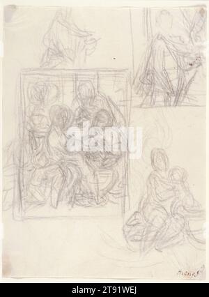 Studies of the Madonna and Child, 1770er Jahre, Anton Raphael Mengs, Deutsch, 1728 - 1779, 7/16 x 5/8 Zoll (18,89 x 14,29 cm) (Bild), Schwarze Kreide, Deutschland, 18. Jahrhundert, ein früherer Vertreter des Neoklassizismus, verbrachte der deutsche Künstler Anton Raphael Mengs den Großteil seiner Karriere in Italien. In diesem Blatt mit groben Skizzen scheint er daran interessiert zu sein, eine Reihe von Ideen auszuarbeiten. Trotz seiner voreiligen Ausführung und zahlreichen Veränderungen nehmen zwei interessante kompositorische Studien Gestalt an. In der rechten unteren Ecke hebt Maria das Kind Christus aus einer Wiege. Stockfoto