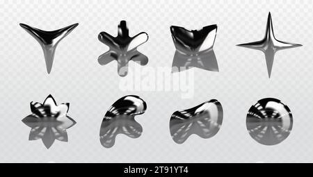 Y2K-Chromelemente isoliert auf transparentem Hintergrund. Vektor realistische Illustration von flüssigem Metall Stern, Blume, Kreuz, runden Ikonen, abstrakten glänzenden Blasen mit glänzender Oberfläche, Quecksilberverschüttung Stock Vektor