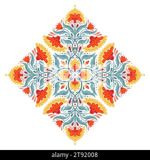 Vektorkontrastdekorative Illustration der floralen Rautenkomposition. Volkskunst-Clipart mit symmetrischem Kaleidoskop, roten Blumen, Stämmen und Laub Stock Vektor