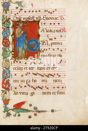 Salvator Mundi (Erlöser der Welt), Seite aus einem beleuchteten Antiphonar, ca. 1425-1450, Unbekanntes Italienisch (Mailand), 15. Jahrhundert, 20 3/4 x 7/8 cm. (52,71 x 37,78 cm) (Blatt)29 5/8 x 23 5/8 Zoll (75,25 x 60,01 cm) (Außenrahmen), Tinte, Gouache und Gold auf Pergament, Italien, 15. Jahrhundert, der verzierte Buchstabe „I“ zeigt Christus, der auf eine scheibenförmige Mappa mundi (Weltkarte) verweist, eine mittelalterliche Darstellung der damals bekannten Länder, umgeben vom Ozean. Das Bild ist passend, denn dieses "Ich" führt den Satz in principio fecit deus celum et terram ein, am Anfang schuf Gott Himmel und Erde Stockfoto