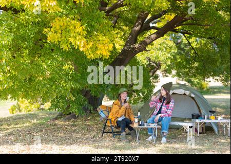 Zwei Frauen, die gerne campen Stockfoto