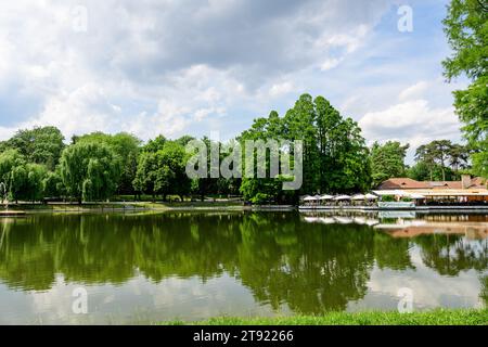 Craiova, Rumänien, 28. Mai 2022: Lebhafte Landschaft im Nicolae Romaescu Park in der Grafschaft Dolj, mit See, Wasserlillien und großen grünen Tres in einem wunderschönen s Stockfoto