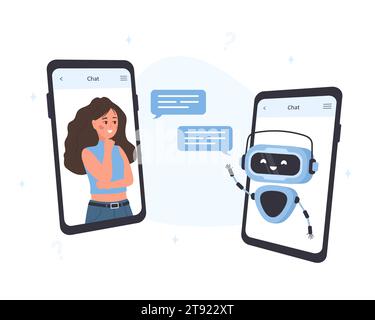 Chatbot-Konzept. Frau, die mit dem Roboter auf dem Smartphone-Bildschirm plaudert. AI-Geschäftsassistent. Online-Kundensupport und häufig gestellte Fragen. Künstliche Intelligenz Stock Vektor
