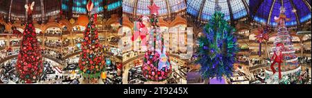 Paris, Frankreich. November 2023. Dieses Kombi-Foto (von L bis R) zeigt die riesigen Weihnachtsbäume im Kaufhaus Galeries Lafayette in Paris, Frankreich von 2019 bis 2023. Quelle: Gao Jing/Xinhua/Alamy Live News Stockfoto