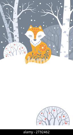 Vertikales Banner „Winter Forest Animal“. Handgezeichnete Silhouette eines Fuchses im skandinavischen Stil Stock Vektor