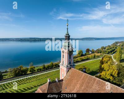 Luftaufnahme und Detailansicht der barocken Wallfahrtskirche Birnau, dahinter Ueberlinger See, Bodensee, Uhldingen-Mühlhofen, See Stockfoto