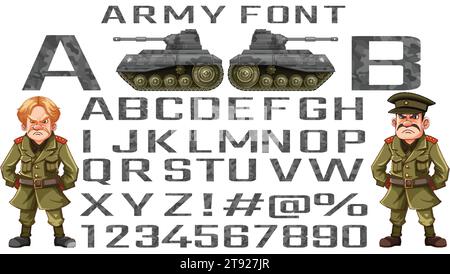 Vektorillustration zweier Soldaten mit Alphabet von A bis Z im Tarnhintergrund Stock Vektor