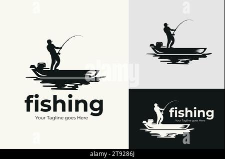 Vintage Retro Illustration Silhouette eines Mannes Fischen auf einem See Angeln Boot Angeln Vektor Design Stock Vektor