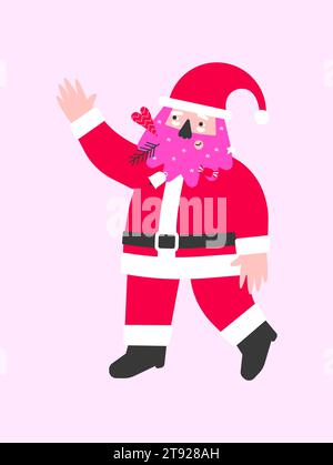 Vektorillustration mit flachem Charakter des amerikanischen Weihnachtsmanns. Design des A4-Posters, Grußkarte für frohe Weihnachten. Neujahrs-Postkarte in Rot, Stock Vektor