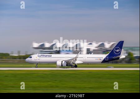 München, Deutschland - 2. September. 2023 : Lufthansa Airbus A321-271NX mit der Flugzeugkennzeichnung D-AIEL bei der Landung auf der Südbahn 26L Stockfoto